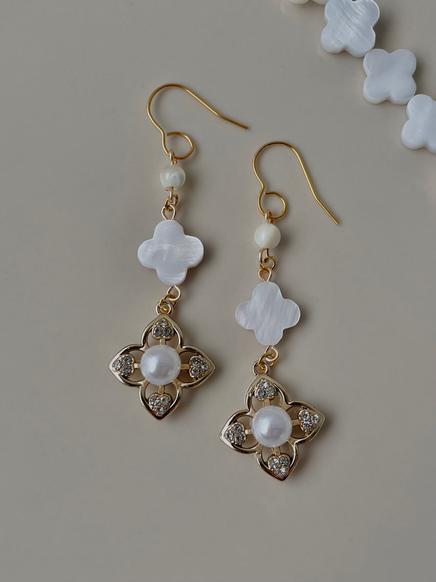 Pearl Clover Dangle Drop earrings, Natural fresh water pearl, handmade in Finland