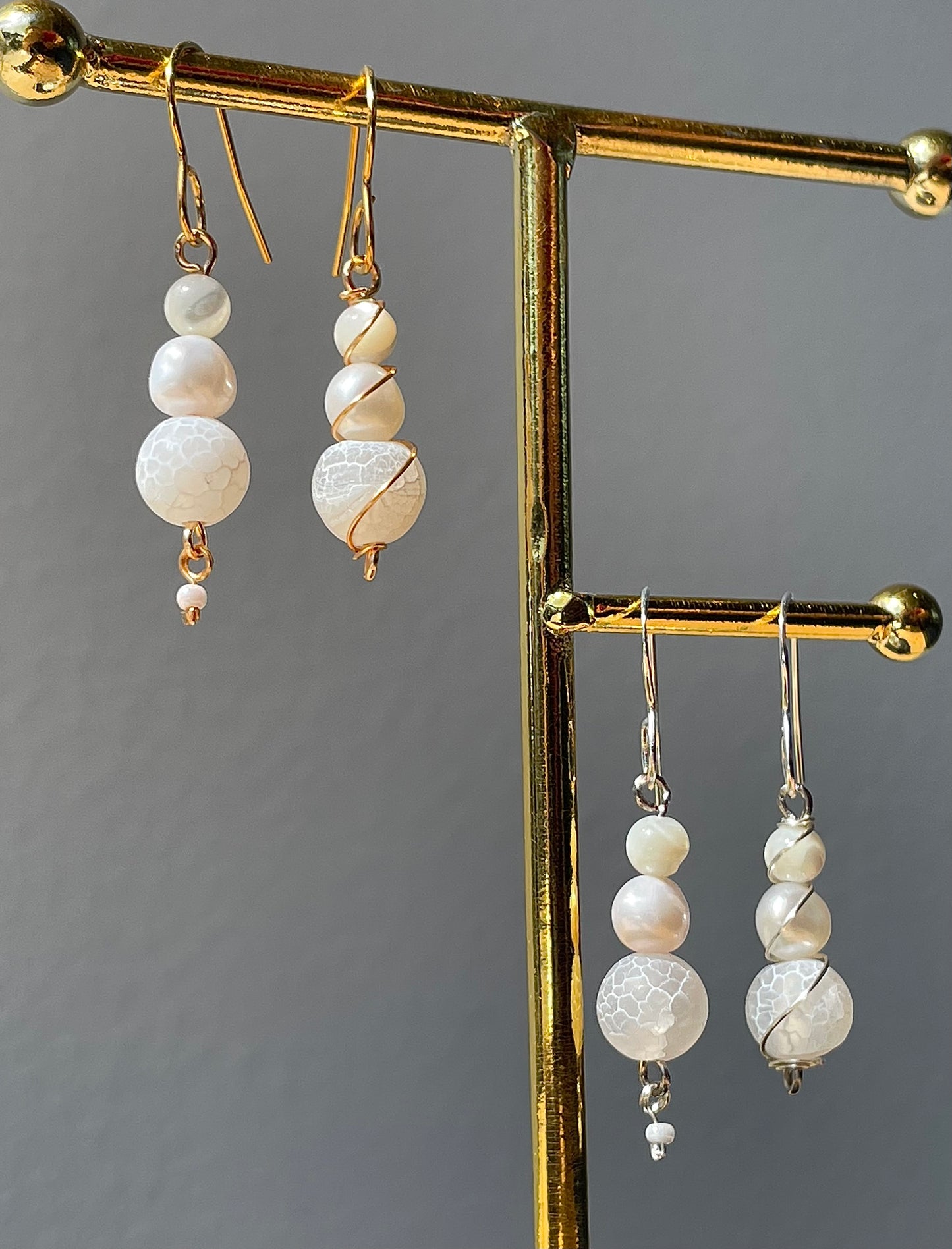 Mismatched Frosted Gemstone Pearl Dangle Drop earrings, crystal stone, wire wrapped jewelry