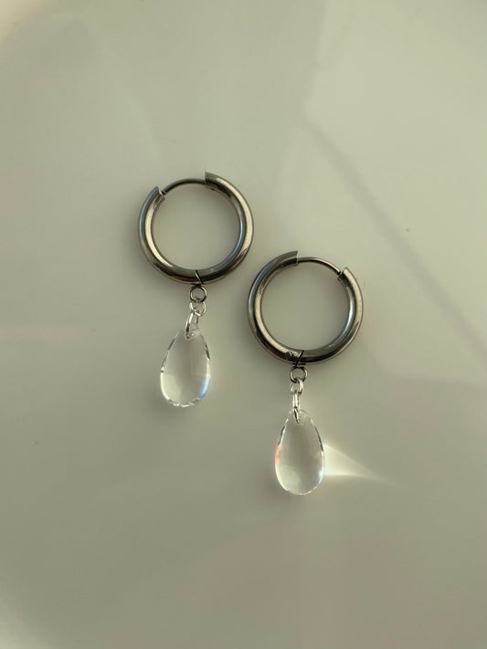 Glass Teardrop Hoops, Stainless Steel