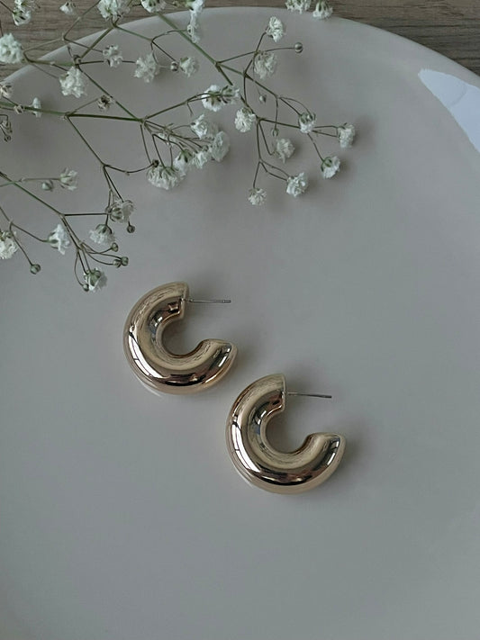 Chunky hoop earrings, everyday casual wear, golden hoop studs, trendy