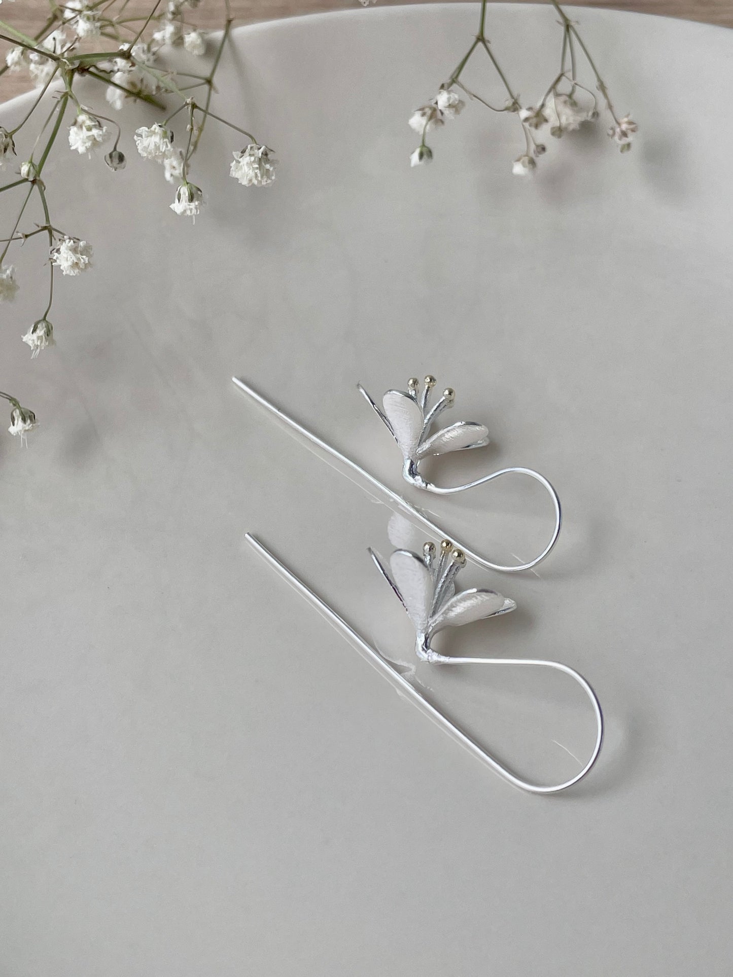 Delicate Flower earhook earrings, 925 Sterling Silver