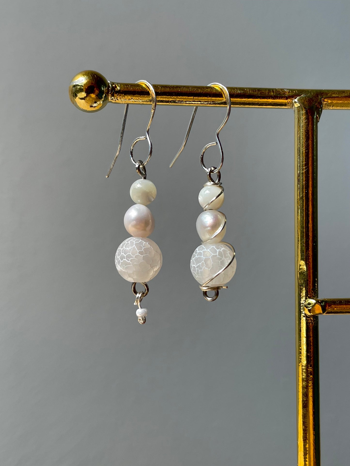 Mismatched Frosted Gemstone Pearl Dangle Drop earrings, crystal stone, wire wrapped jewelry