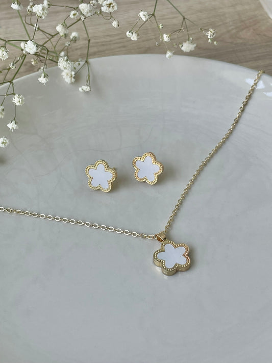 White Clover Leaf jewelry set, stud earrings,  five clover necklace, 14K Gold Plated