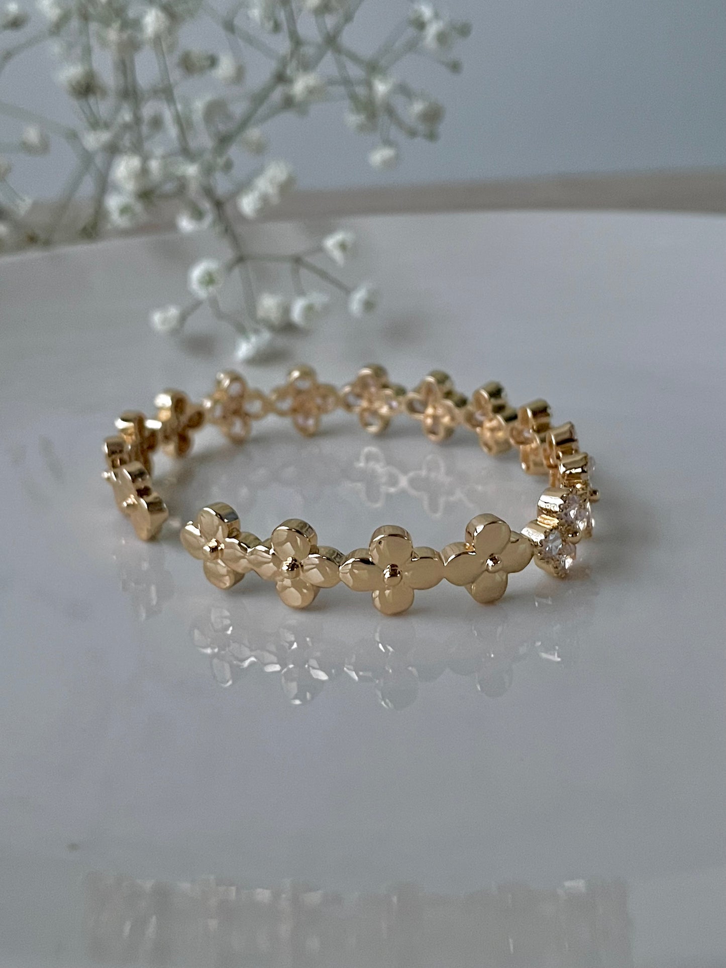 Clover bangle bracelet, gold rhinestone jewelry, 18K Gold plated diamond, stainless steel, adjustable