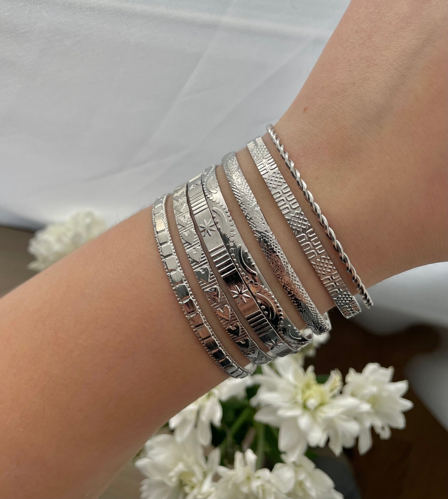 7 pcs Silver Bangle Set, Stack cuff bracelet, everyday jewelry, layering bracelets, mix and match