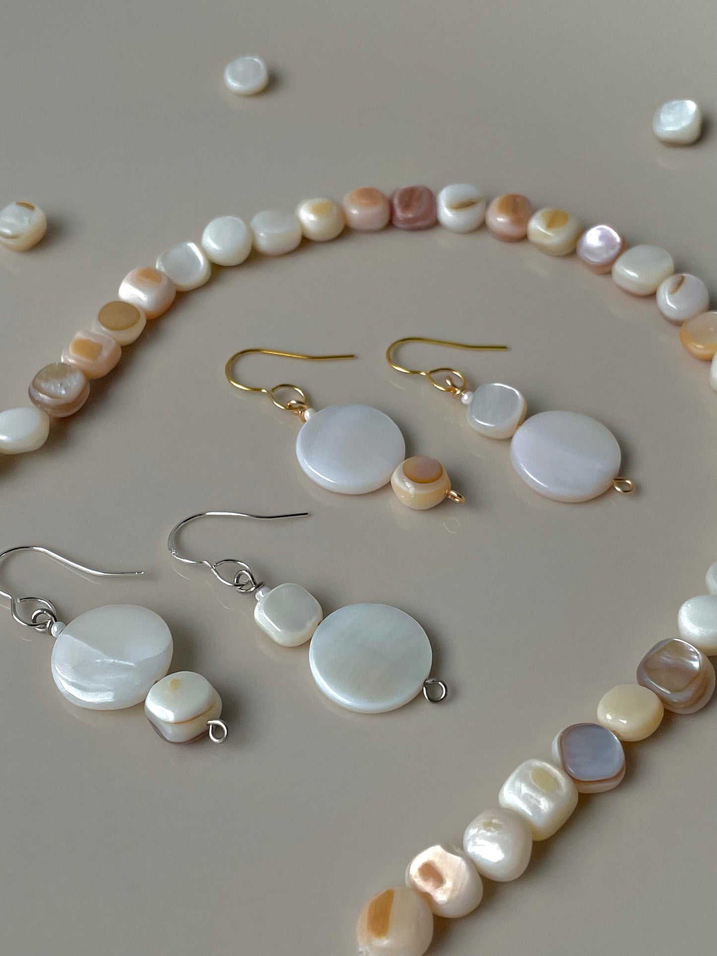 Mismatched Shell Beads Pearl Drop earrings, elegant jewelry, mother-of-pearl beads