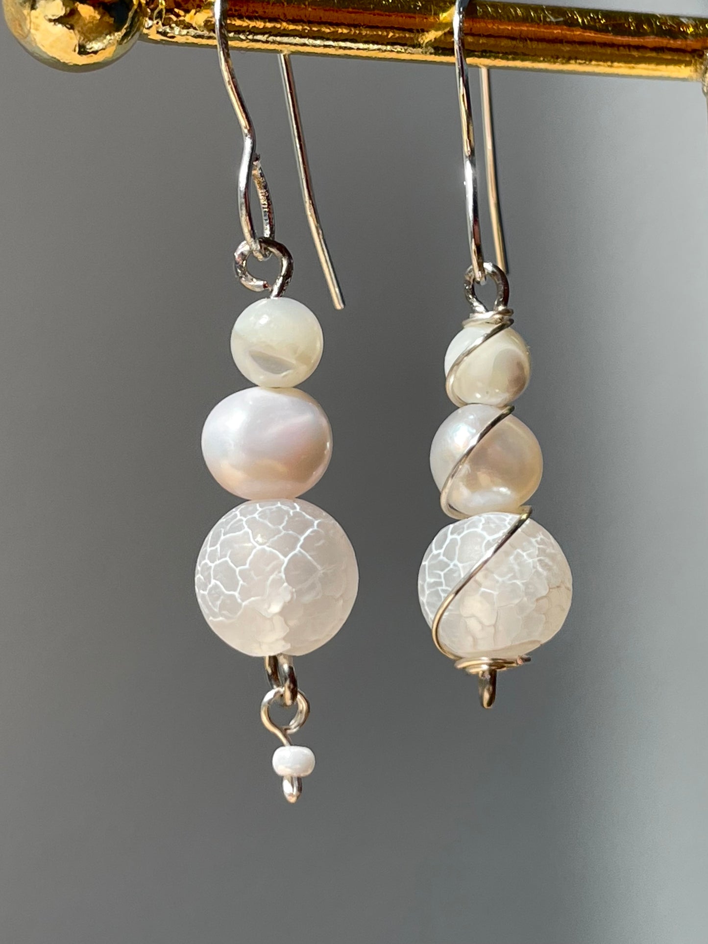 Mismatched Frosted Gemstone Pearl Dangle Drop earrings, crystal stone, wire wrapped jewelry