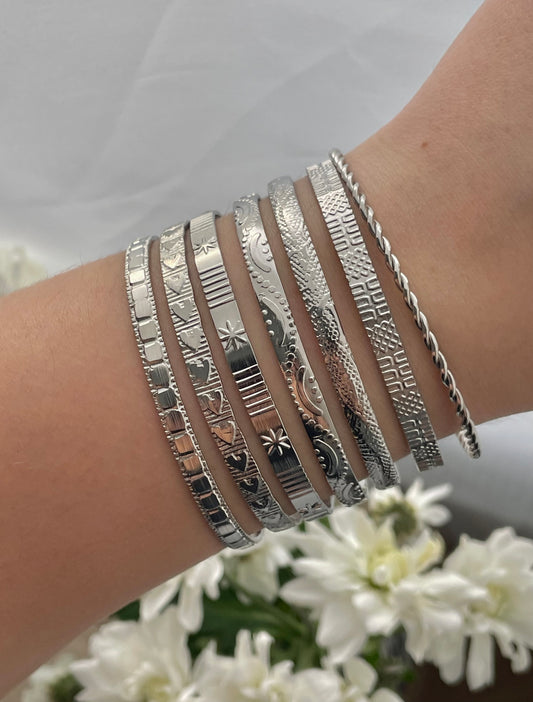 7 pcs Silver Bangle Set, Stack cuff bracelet, everyday jewelry, layering bracelets, mix and match