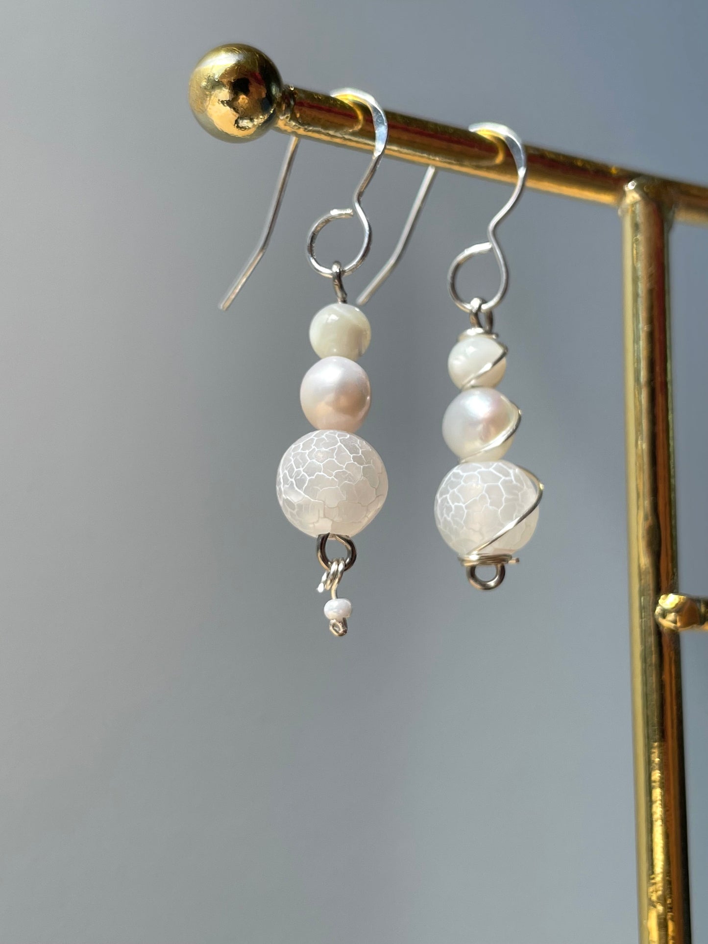 Mismatched Frosted Gemstone Pearl Dangle Drop earrings, crystal stone, wire wrapped jewelry