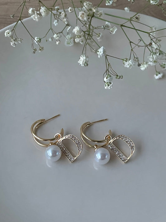 Gold Designer pearl hoops, Designer D earrings, Letter D studs with pearls, 18K Gold plated Hoops, Geometric letter stud