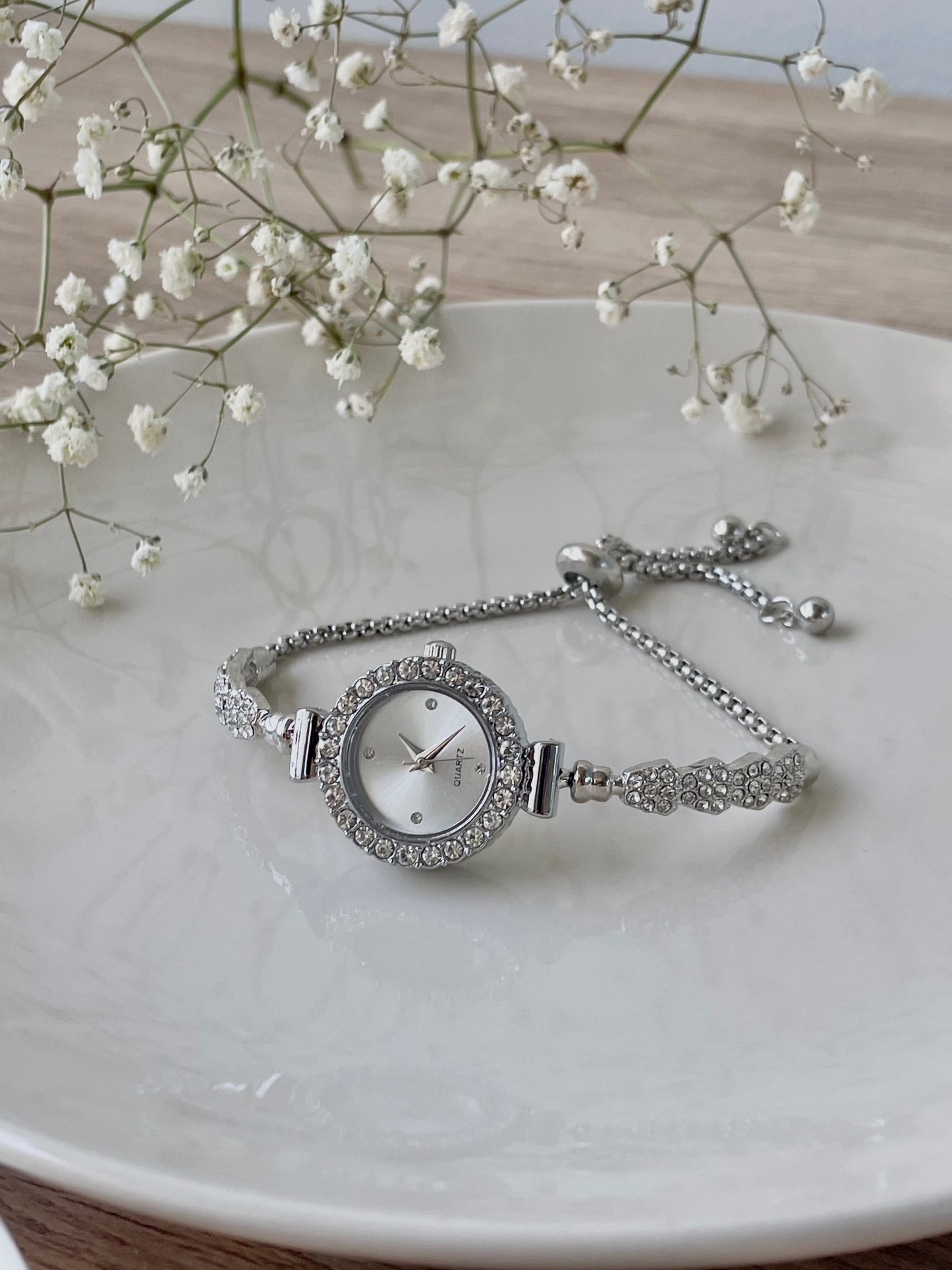 Silver Rhinestone bracelet watch, Cocktail Watch, adjustable luxury bolo bracelet, Quartz watch, stainless steel