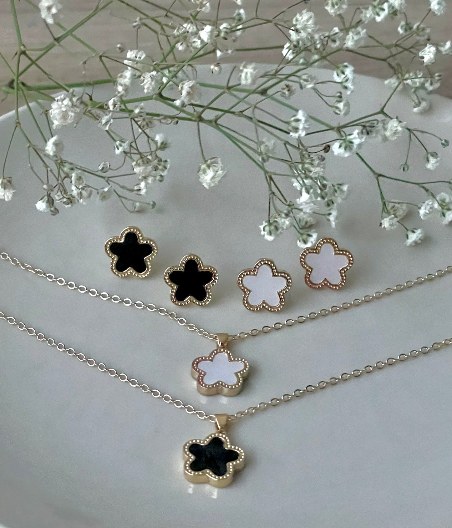 White Clover Leaf jewelry set, stud earrings,  five clover necklace, 14K Gold Plated