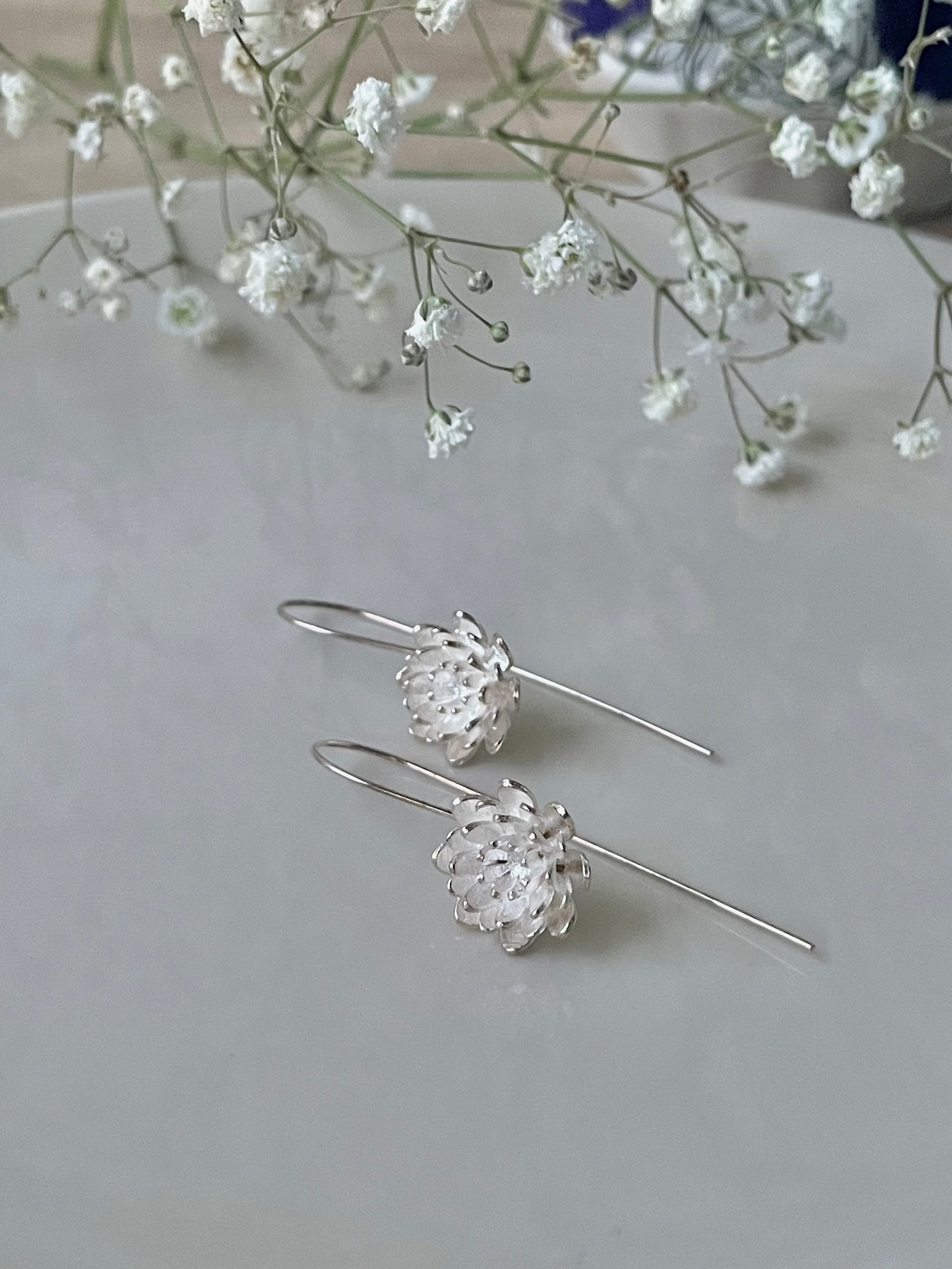 Delicate Flower earhook earrings, 925 Sterling Silver