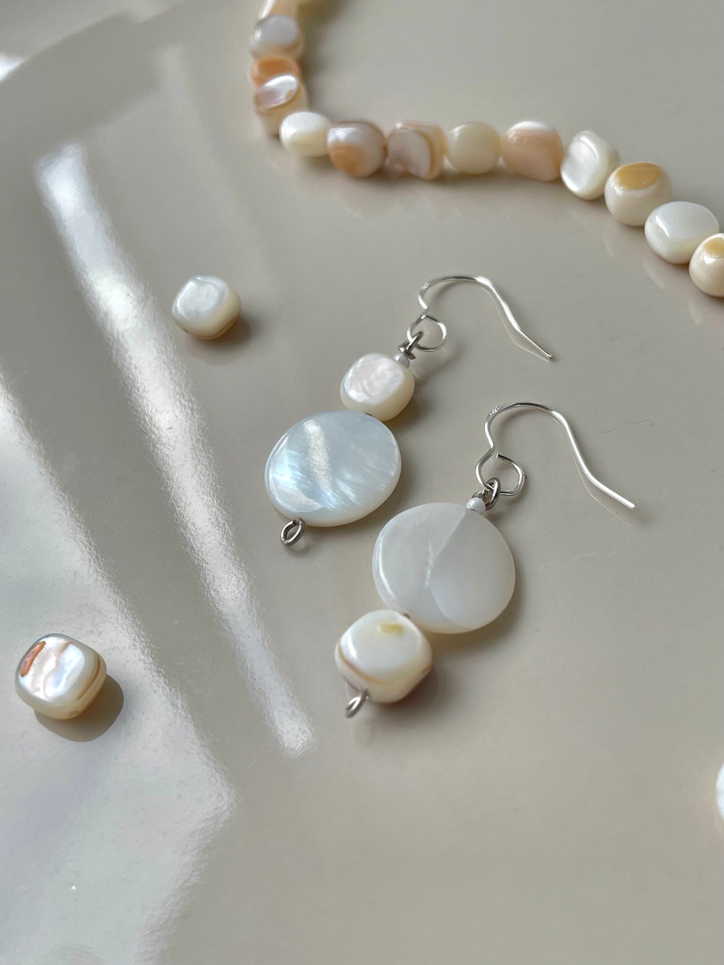 Mismatched Shell Beads Pearl Drop earrings, elegant jewelry, mother-of-pearl beads