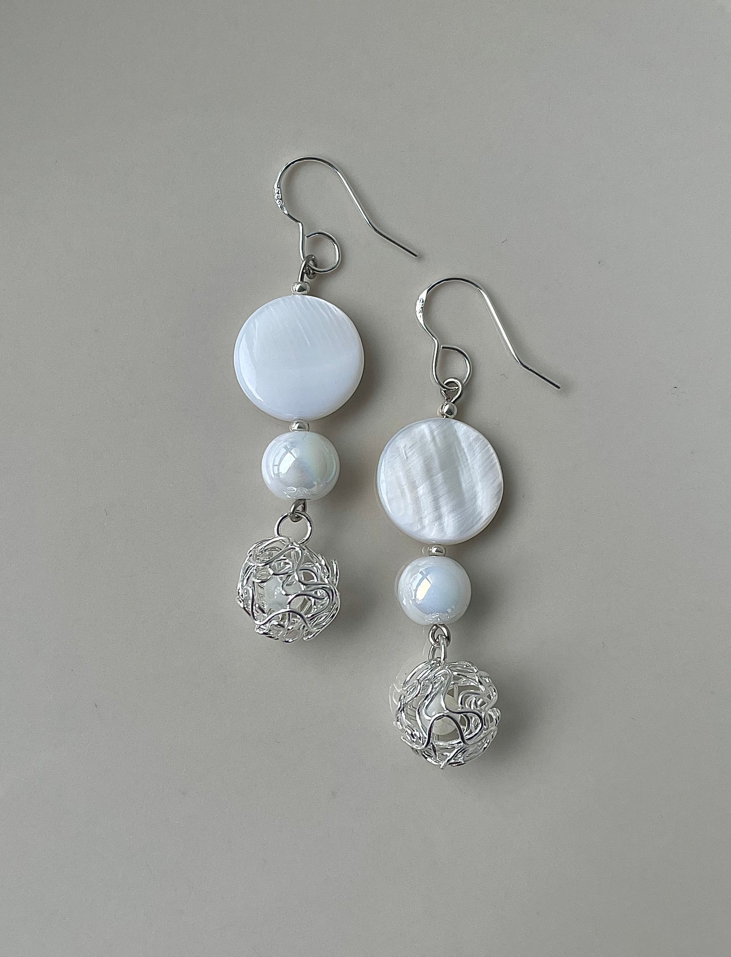 Mother of Pearl earrings with filigree Sphere, Dangle earrings Jewelry, Gift for her, 