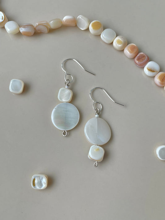 Mismatched Shell Beads Pearl Drop earrings, elegant jewelry, mother-of-pearl beads