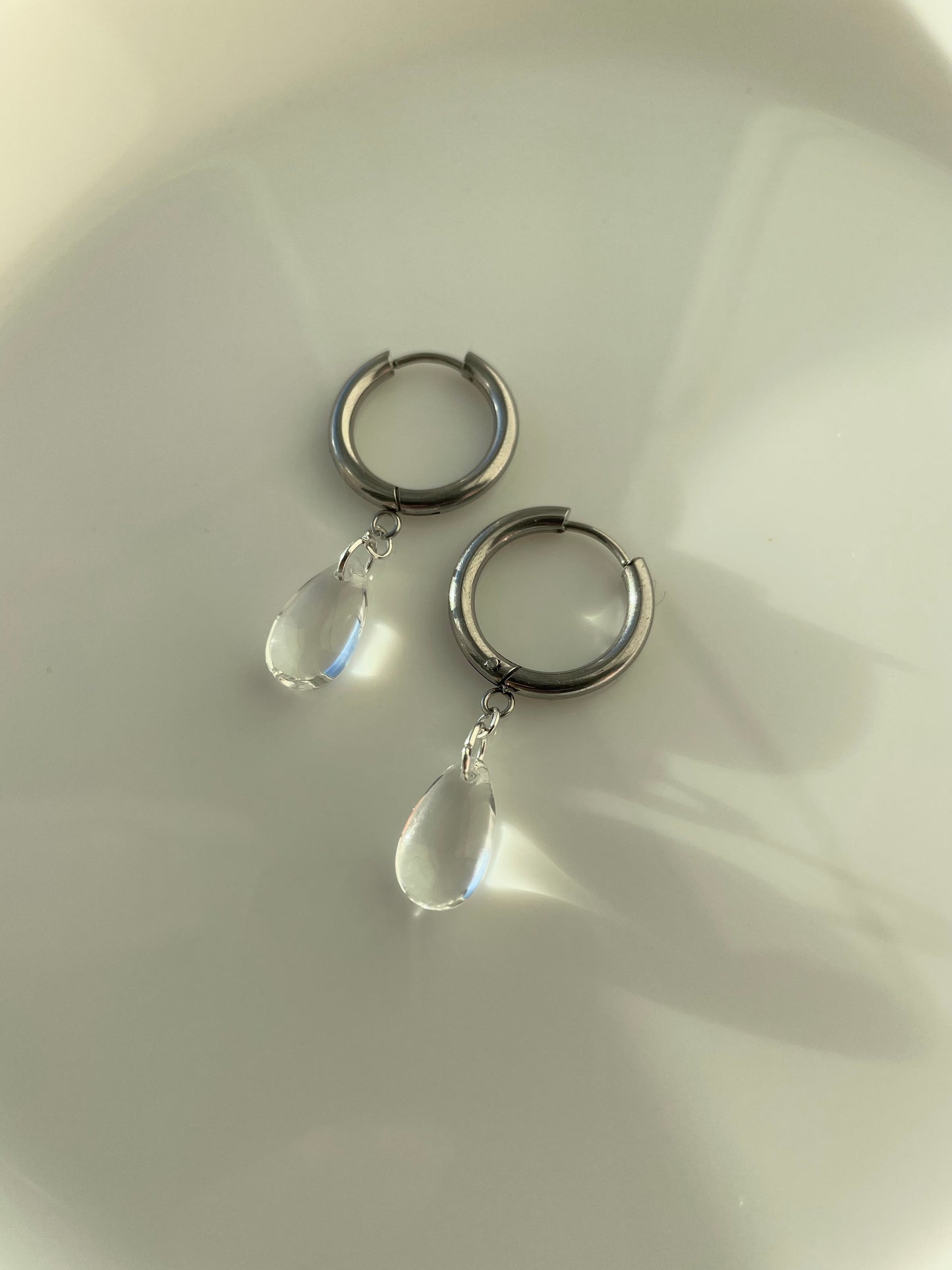 Glass Teardrop Hoops, Stainless Steel