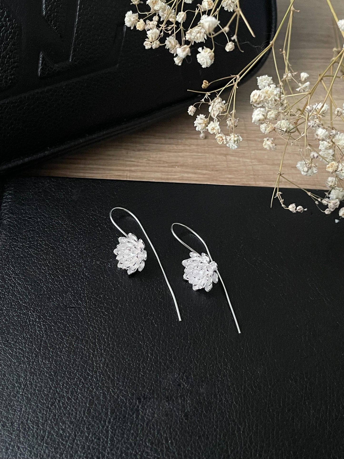 Delicate Flower earhook earrings, 925 Sterling Silver