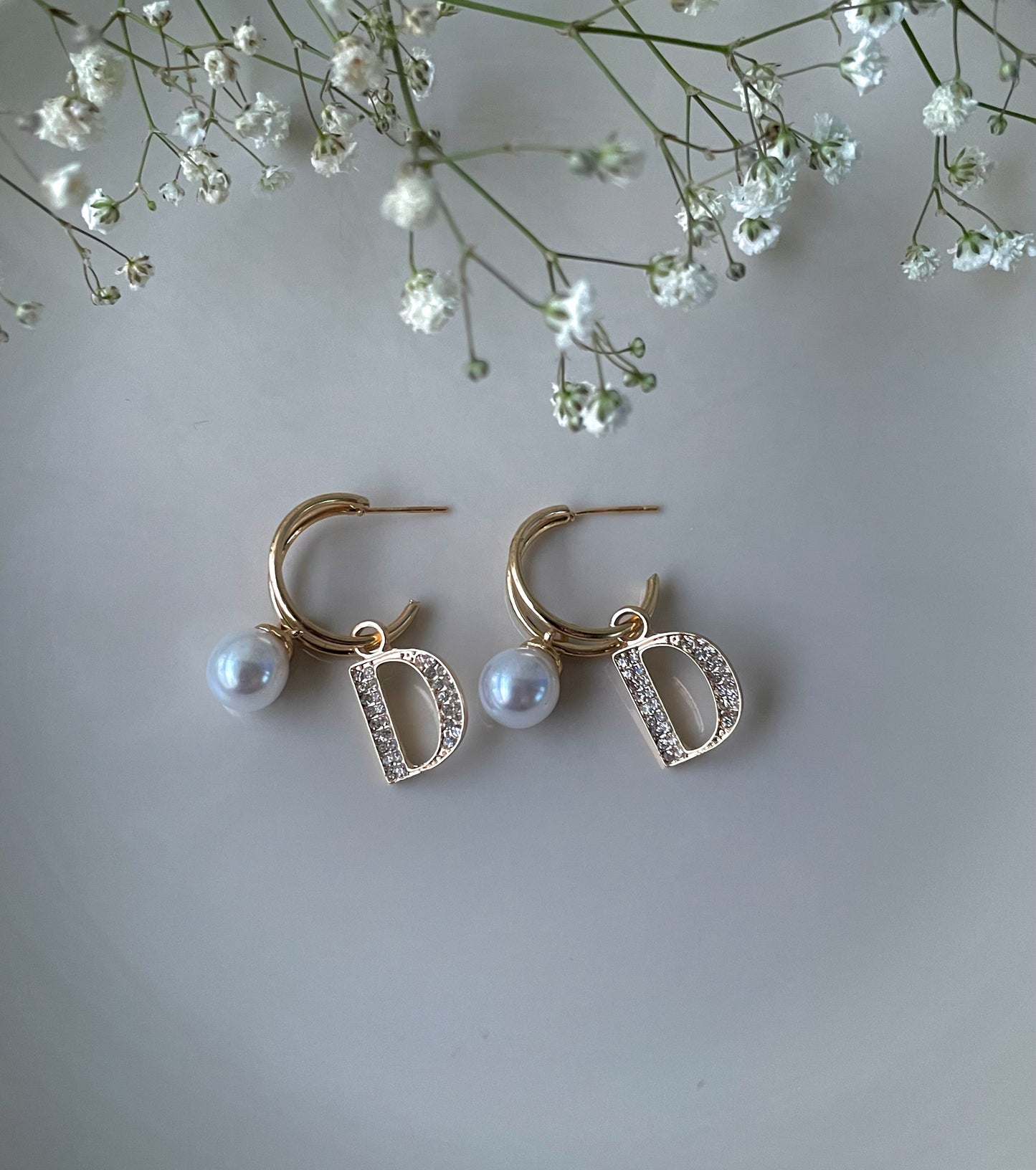 Gold Designer pearl hoops, Designer D earrings, Letter D studs with pearls, 18K Gold plated Hoops, Geometric letter stud