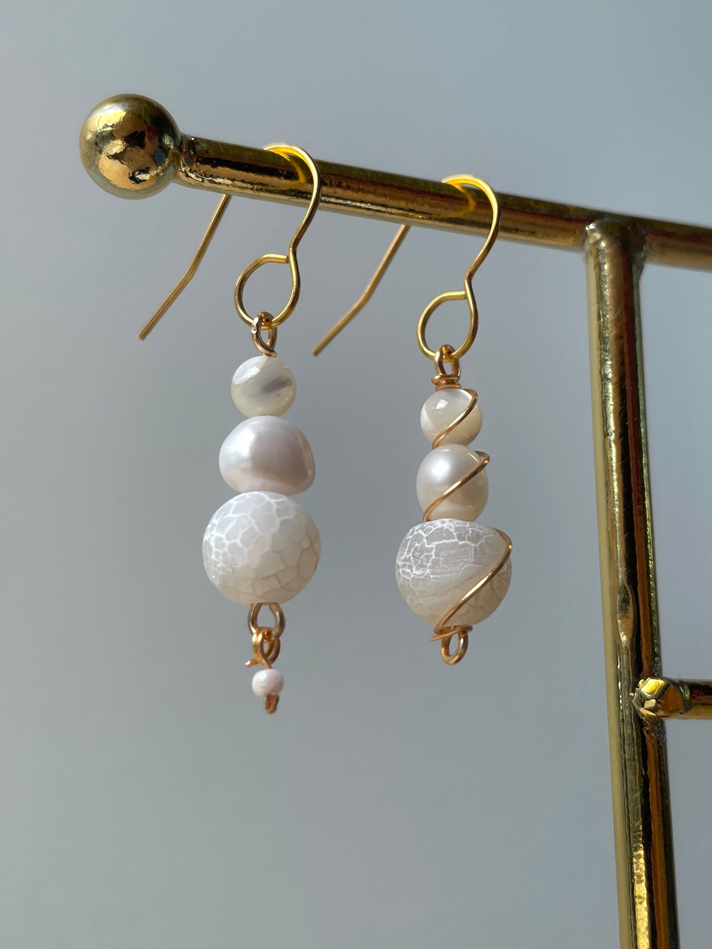 Mismatched Frosted Gemstone Pearl Dangle Drop earrings, crystal stone, wire wrapped jewelry