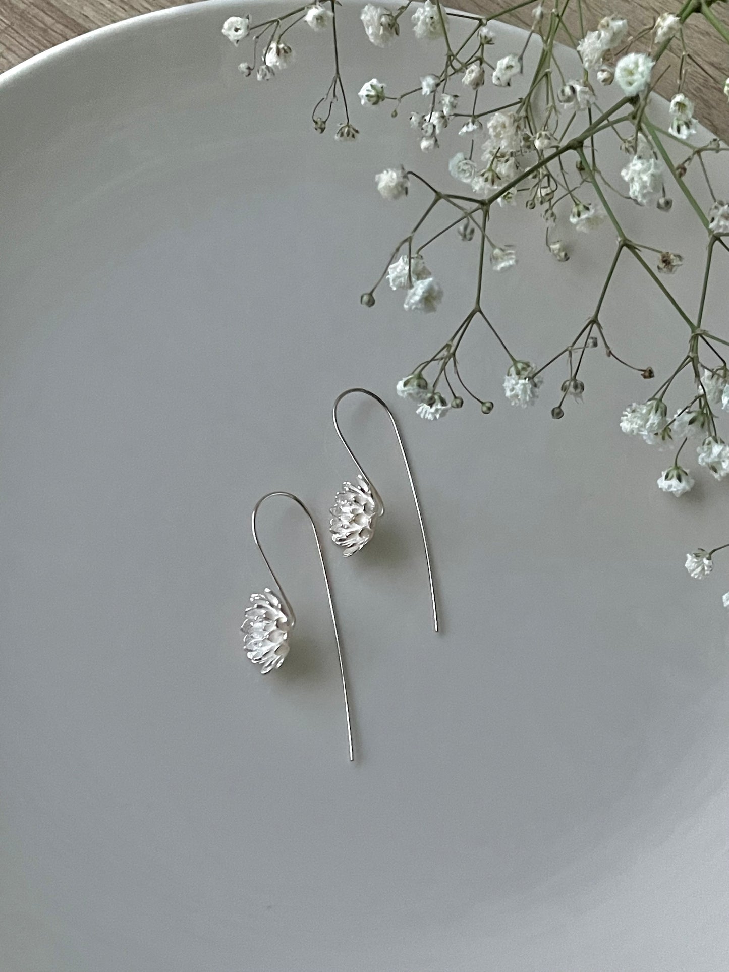 Delicate Flower earhook earrings, 925 Sterling Silver