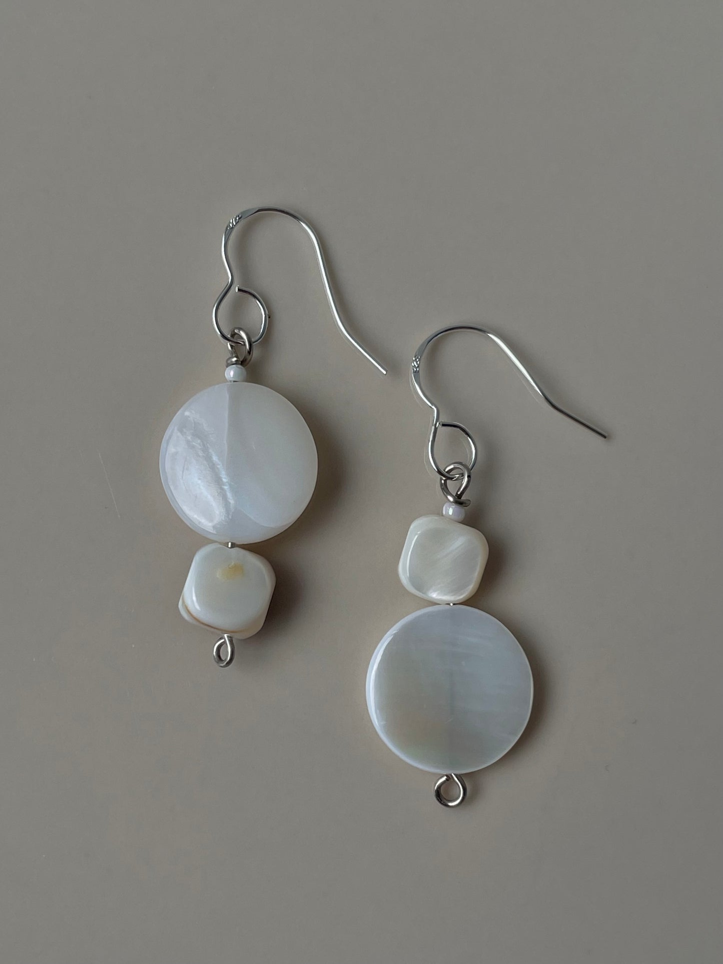 Mismatched Shell Beads Pearl Drop earrings, elegant jewelry, mother-of-pearl beads