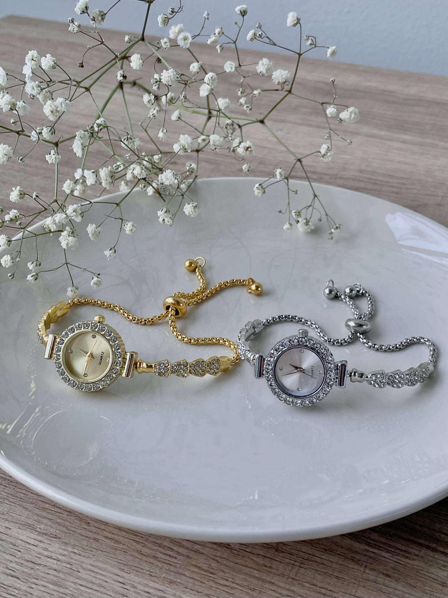 Gold Rhinestone bracelet watch, Cocktail Watch, adjustable luxury bolo bracelet, Quartz watch, stainless steel