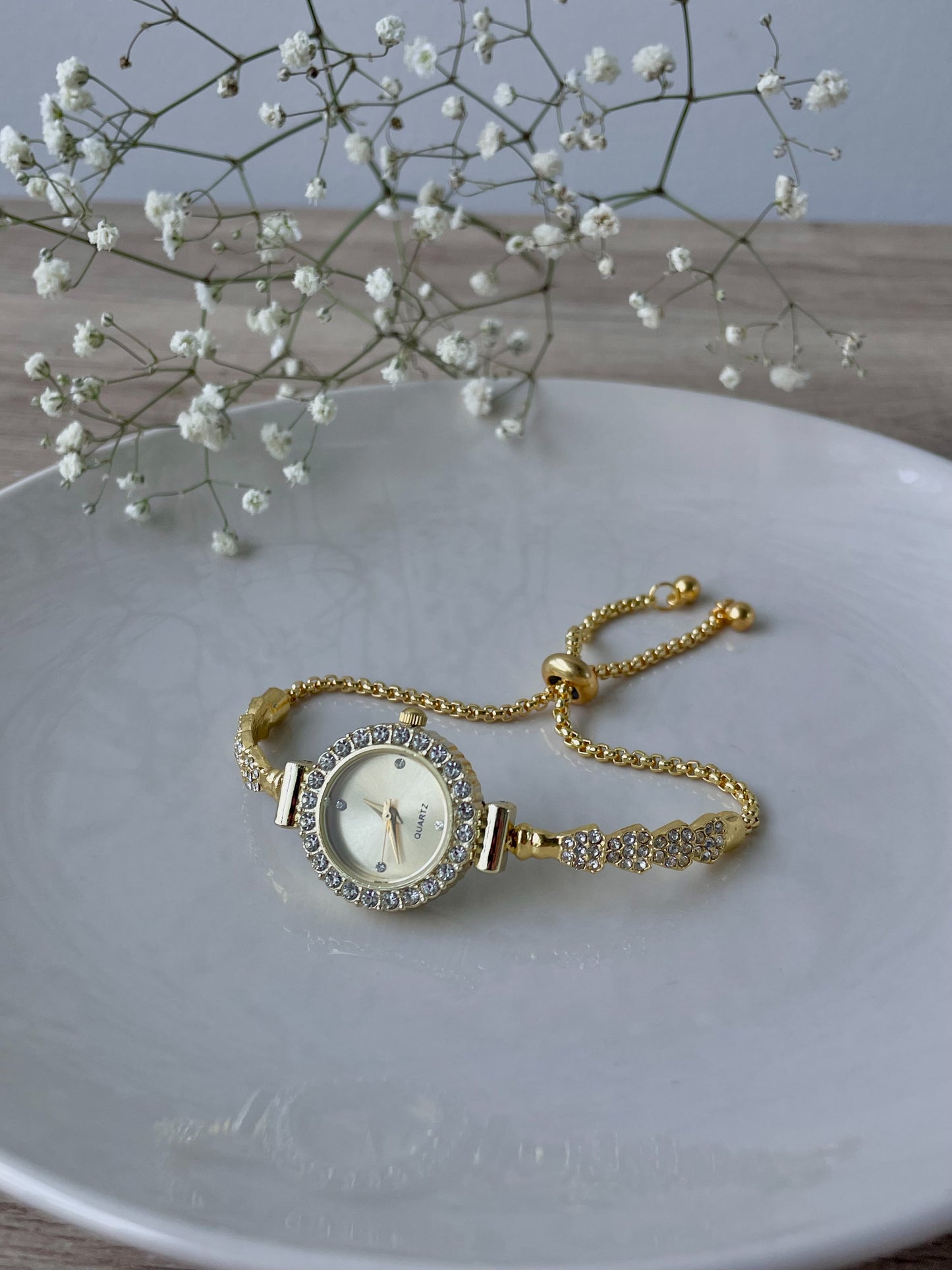 Gold Rhinestone bracelet watch, Cocktail Watch, adjustable luxury bolo bracelet, Quartz watch, stainless steel