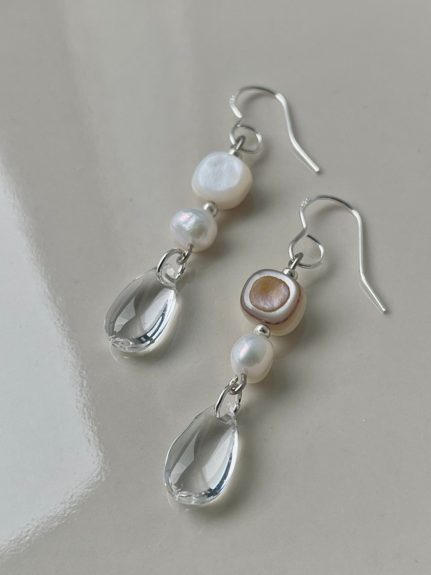 Fresh water pearl & Glass Teardrop earrings, Glass Dangle earrings Transparent Jewelry, Gift for her, handmade in Finland