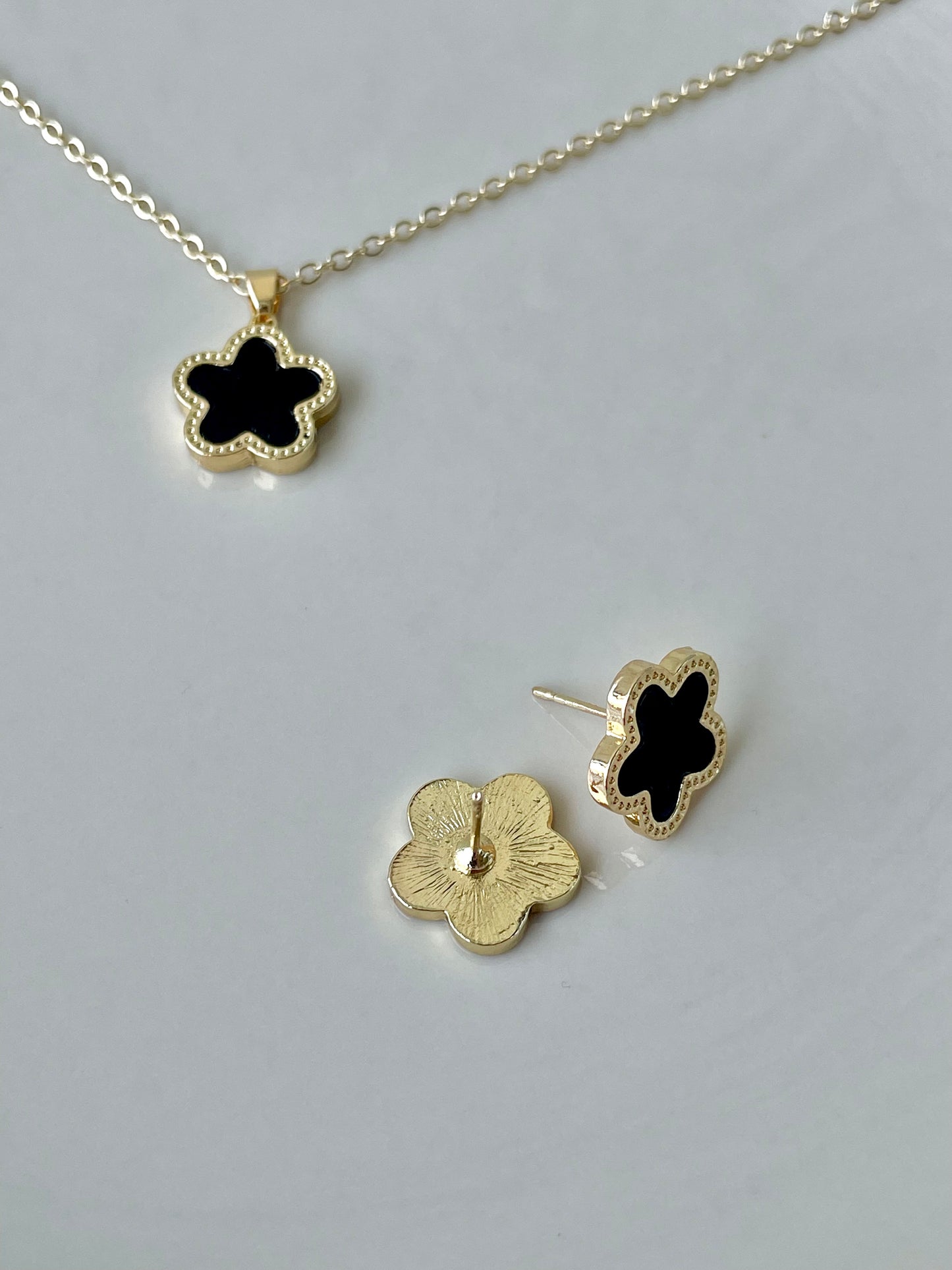 Black Clover Leaf jewelry set, stud earrings,  five clover necklace, designer jewelry, 14K Gold Plated