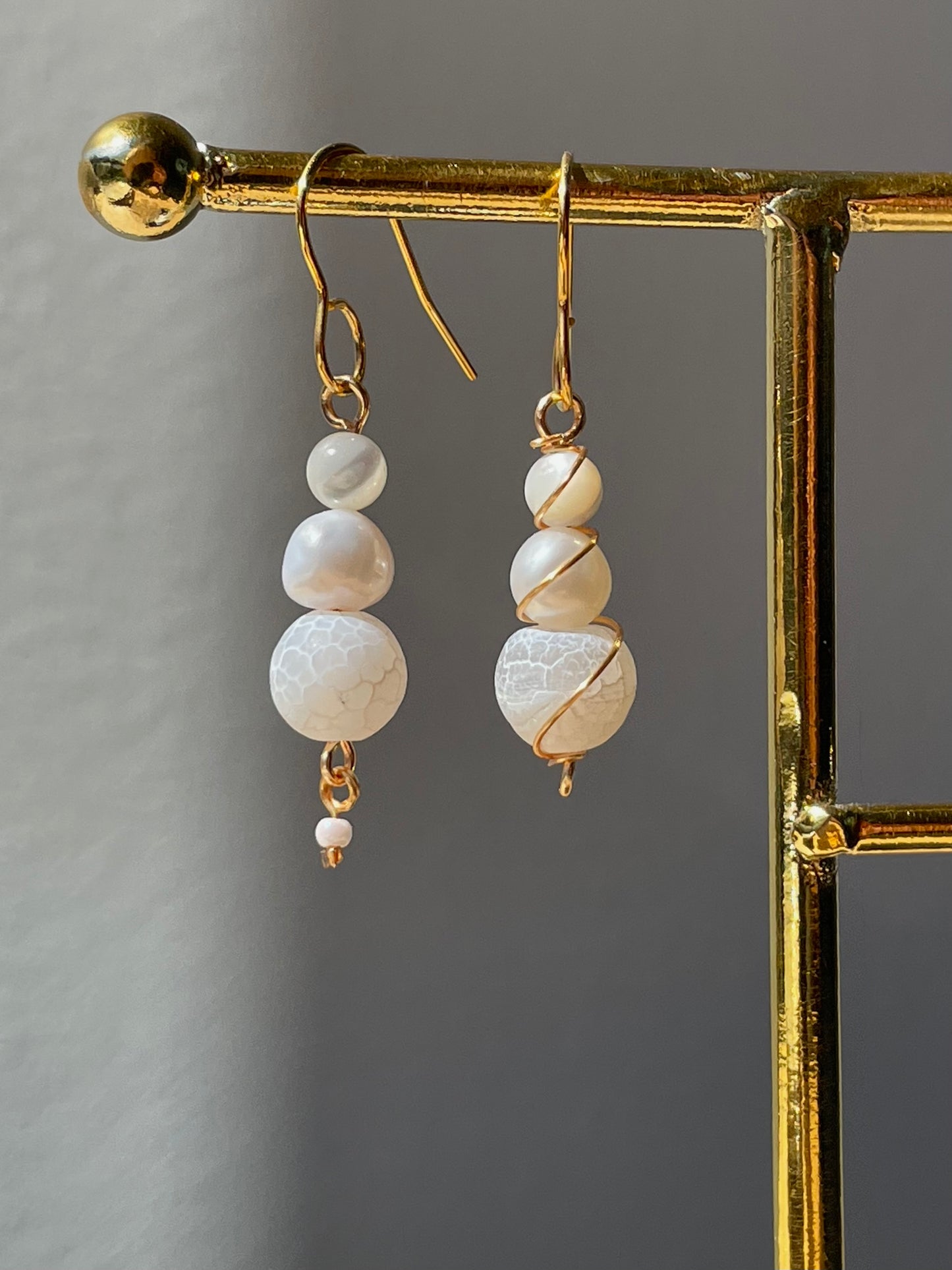 Mismatched Frosted Gemstone Pearl Dangle Drop earrings, crystal stone, wire wrapped jewelry