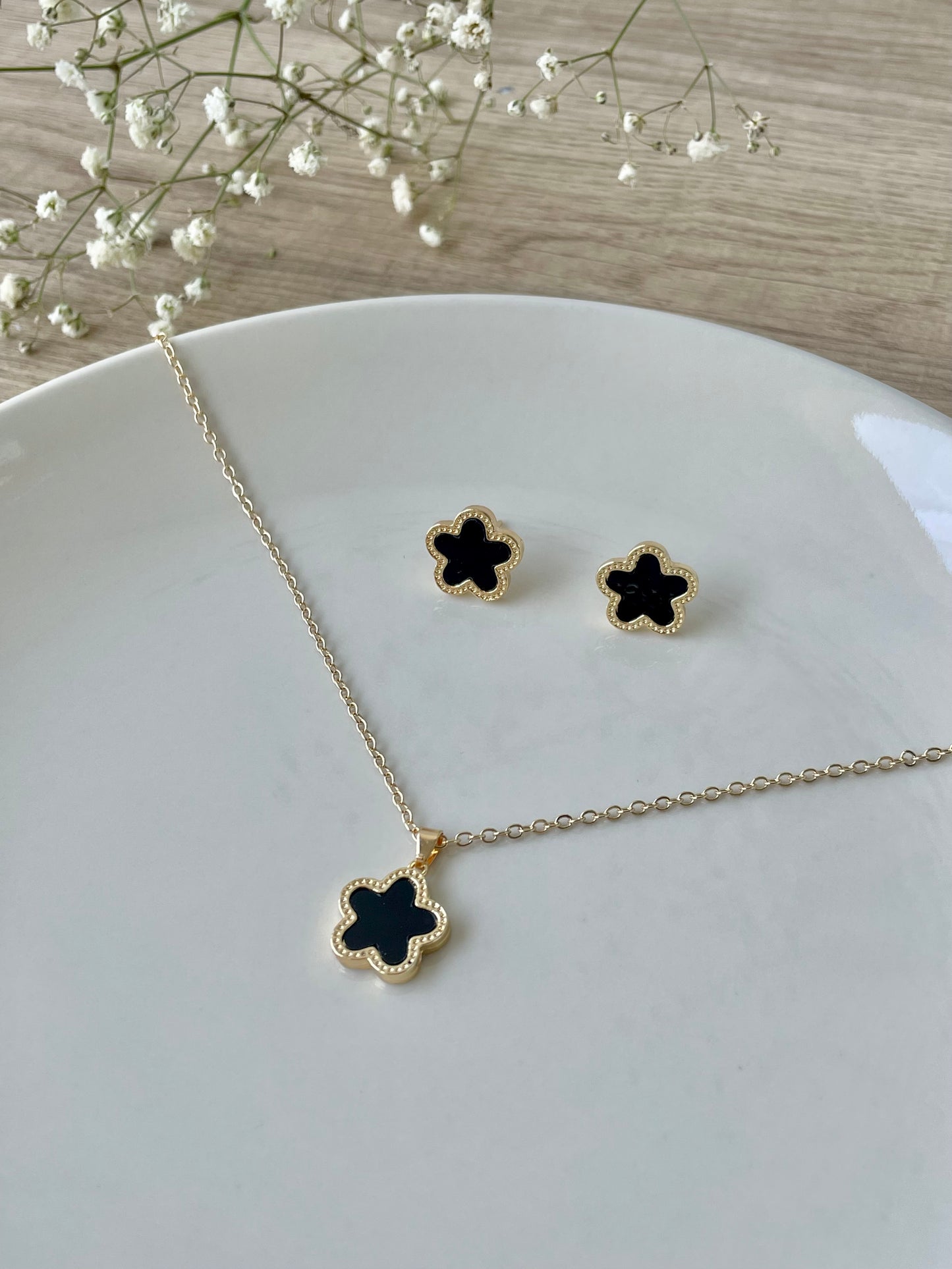 Black Clover Leaf jewelry set, stud earrings,  five clover necklace, designer jewelry, 14K Gold Plated