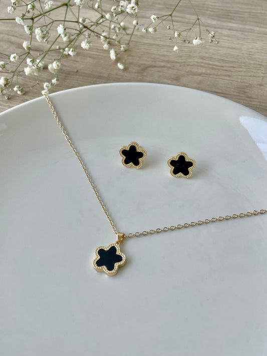 Black Clover Leaf jewelry set, stud earrings,  five clover necklace, designer jewelry, 14K Gold Plated