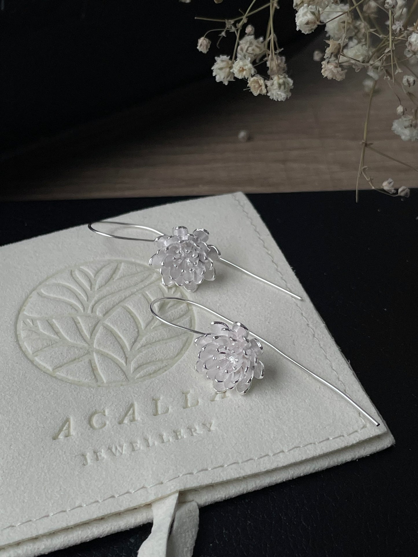 Delicate Flower earhook earrings, 925 Sterling Silver