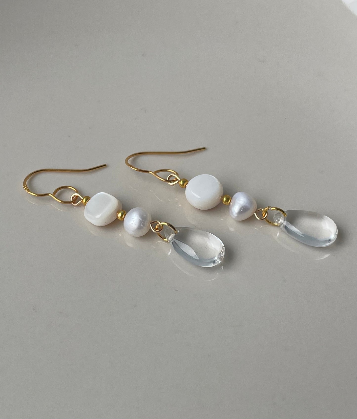 Fresh water pearl & Glass Teardrop earrings, Glass Dangle earrings Transparent Jewelry, Gift for her, handmade in Finland