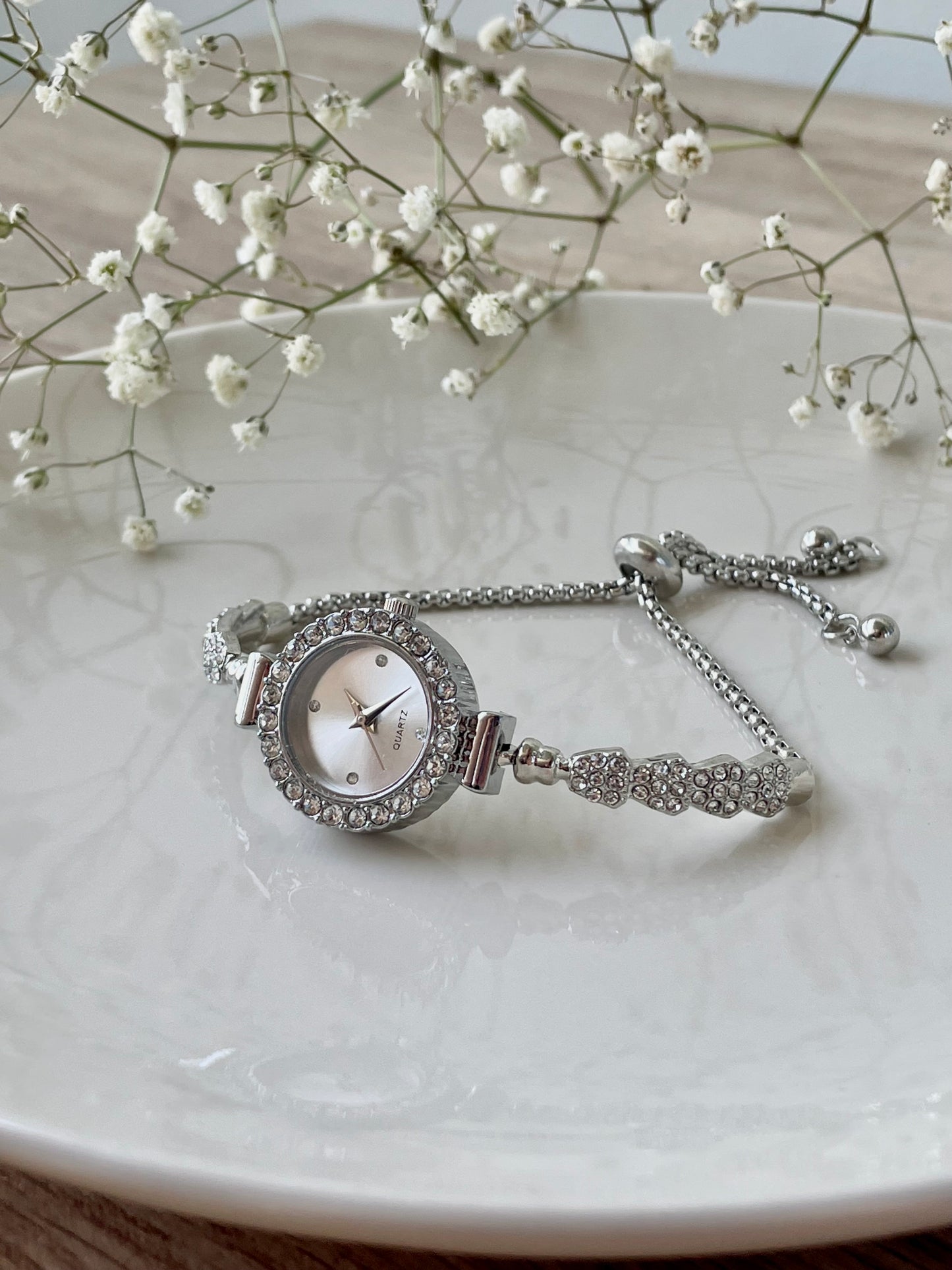 Silver Rhinestone bracelet watch, Cocktail Watch, adjustable luxury bolo bracelet, Quartz watch, stainless steel