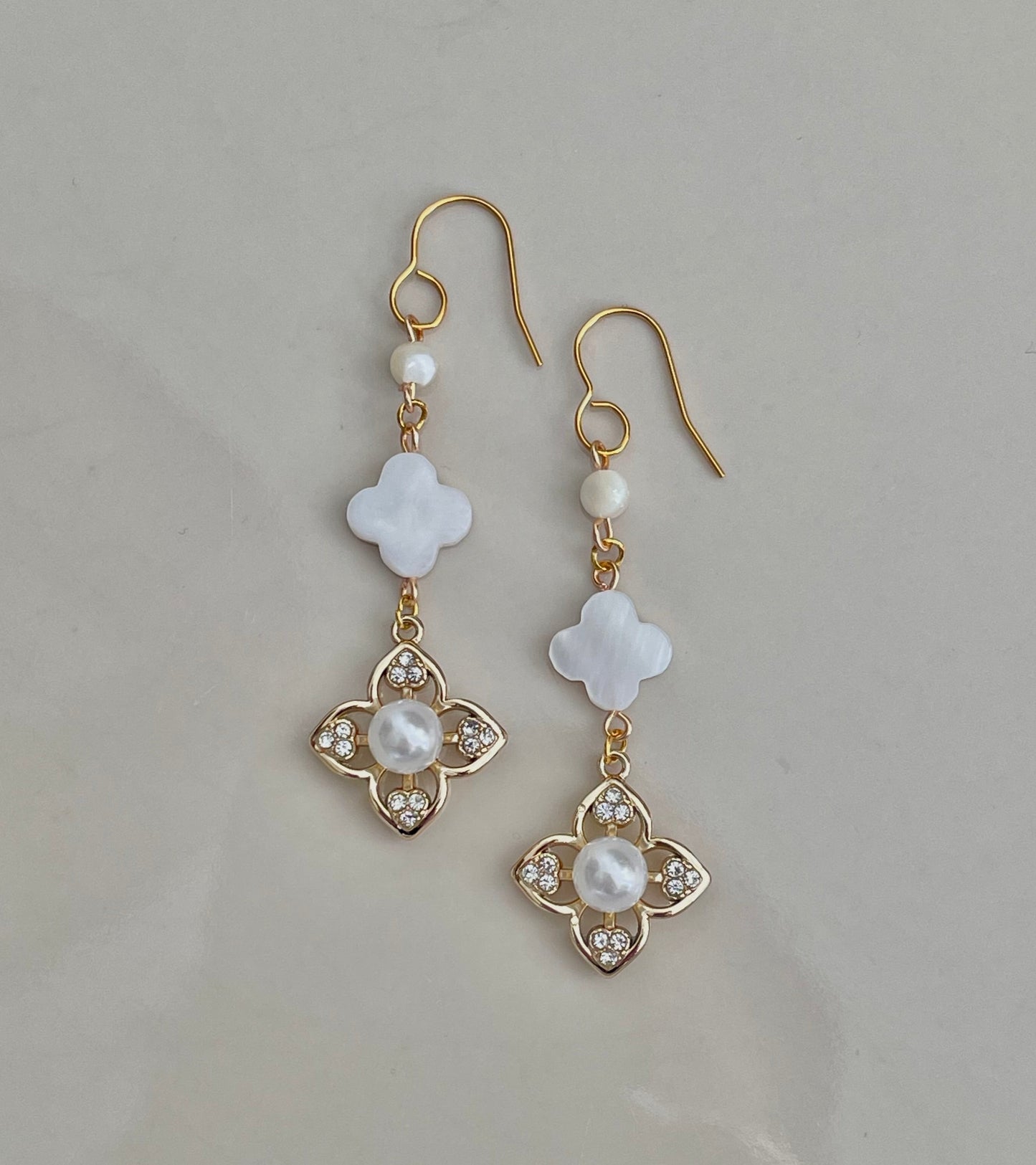 Pearl Clover Dangle Drop earrings, Natural fresh water pearl, handmade in Finland