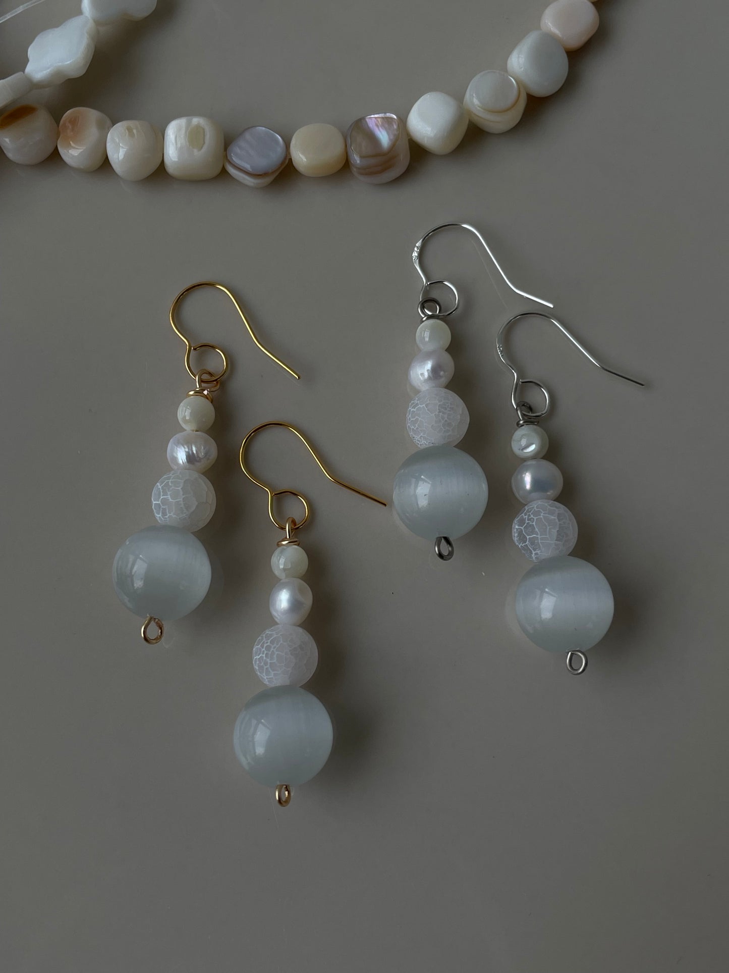 Moonstone Pearl Dangle Drop earrings, Natural pearl crystal stone, handmade in Finland