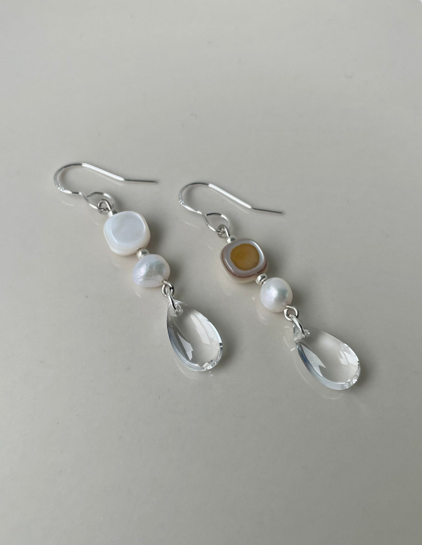 Fresh water pearl & Glass Teardrop earrings, Glass Dangle earrings Transparent Jewelry, Gift for her, handmade in Finland