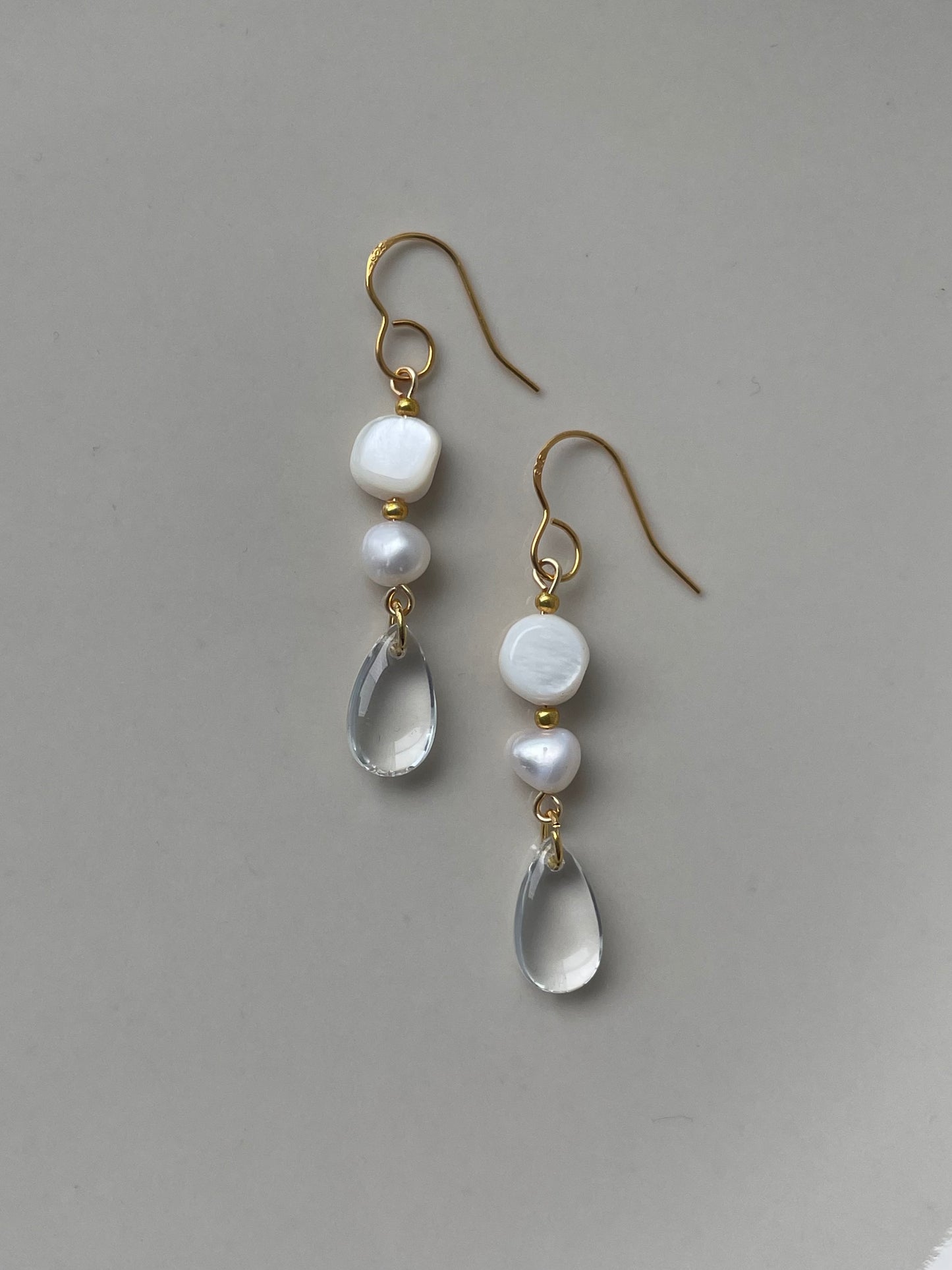 Fresh water pearl & Glass Teardrop earrings, Glass Dangle earrings Transparent Jewelry, Gift for her, handmade in Finland