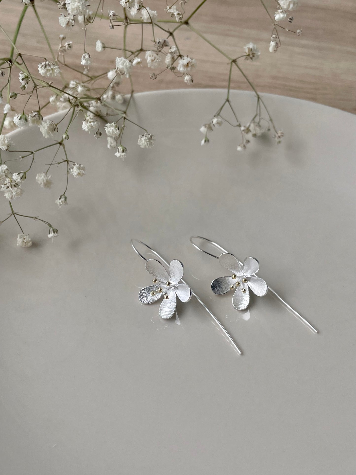 Delicate Flower earhook earrings, 925 Sterling Silver