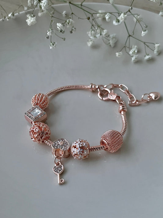 Rose Gold Rhinestone charm designer bracelet , Designer jewelry, diamond, stainless steel, adjustable