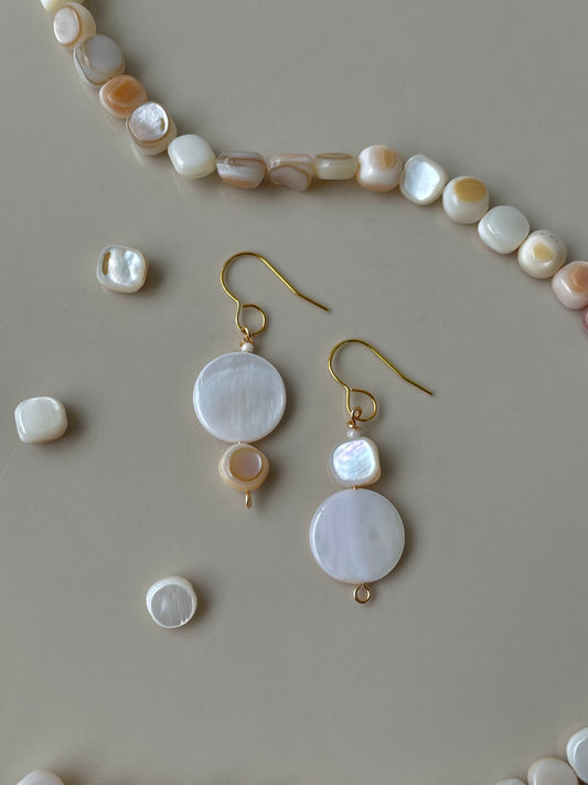 Mismatched Shell Beads Pearl Drop earrings, elegant jewelry, mother-of-pearl beads