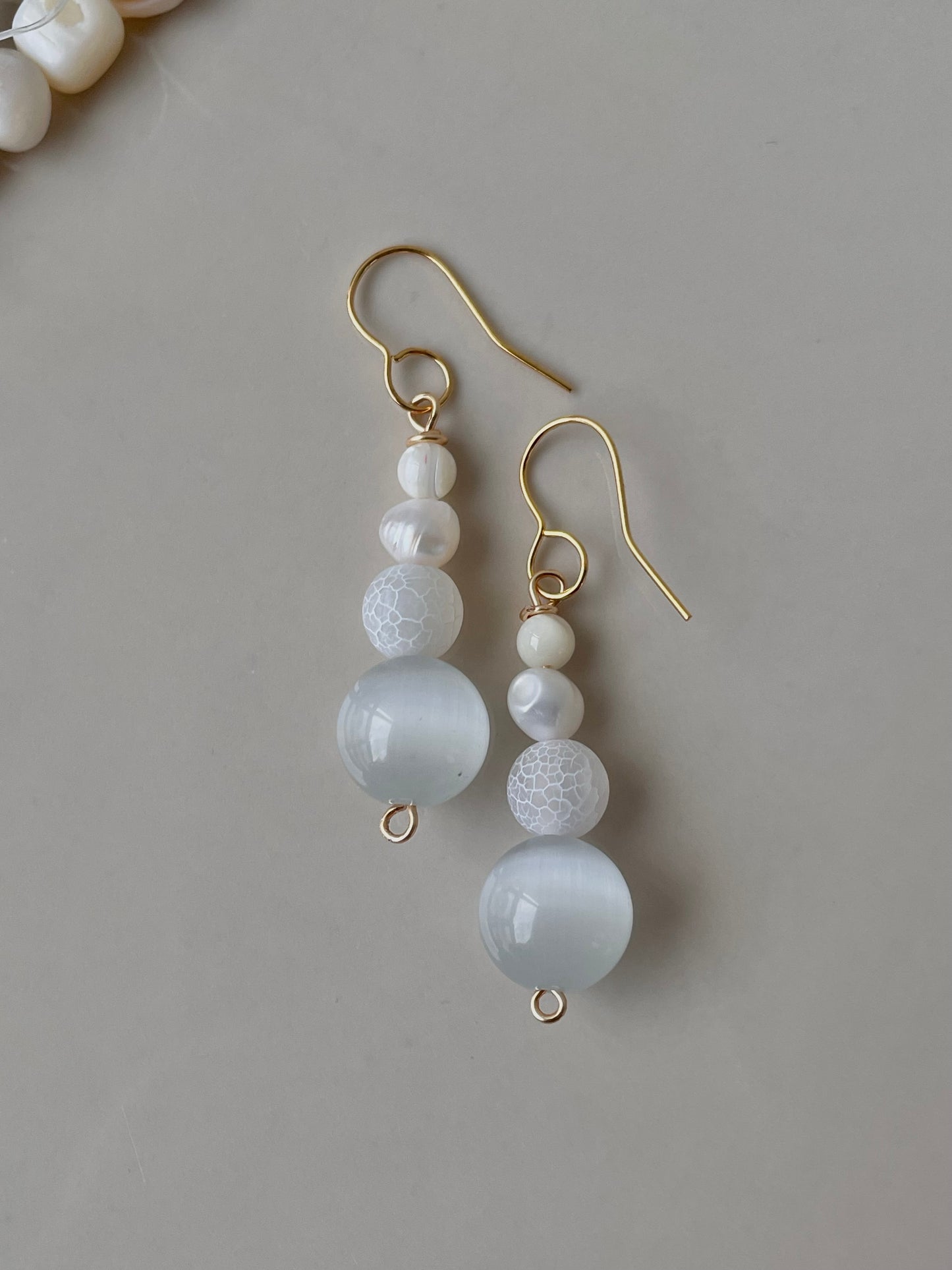 Moonstone Pearl Dangle Drop earrings, Natural pearl crystal stone, handmade in Finland