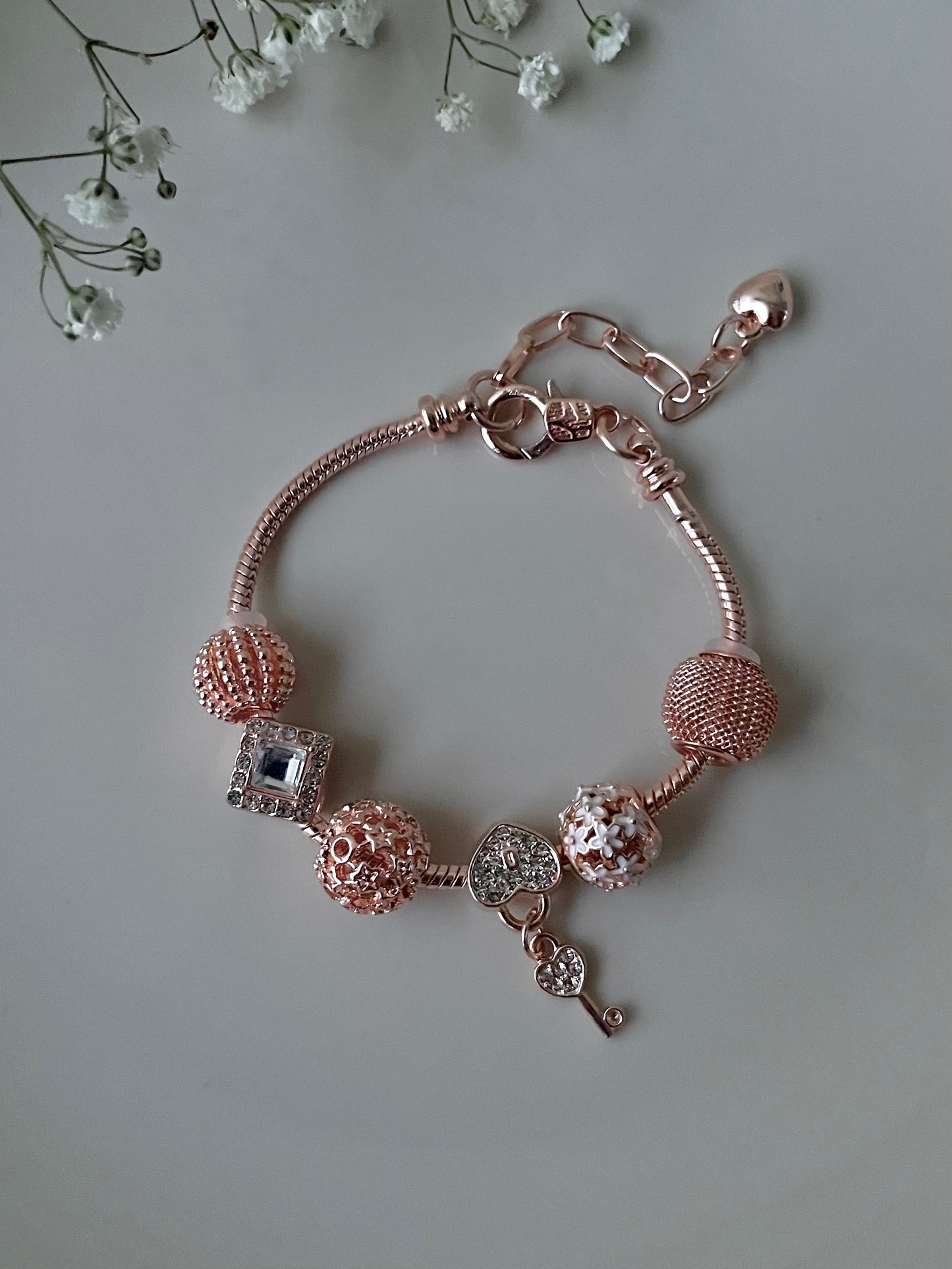 Rose Gold Rhinestone charm designer bracelet , Designer jewelry, diamond, stainless steel, adjustable