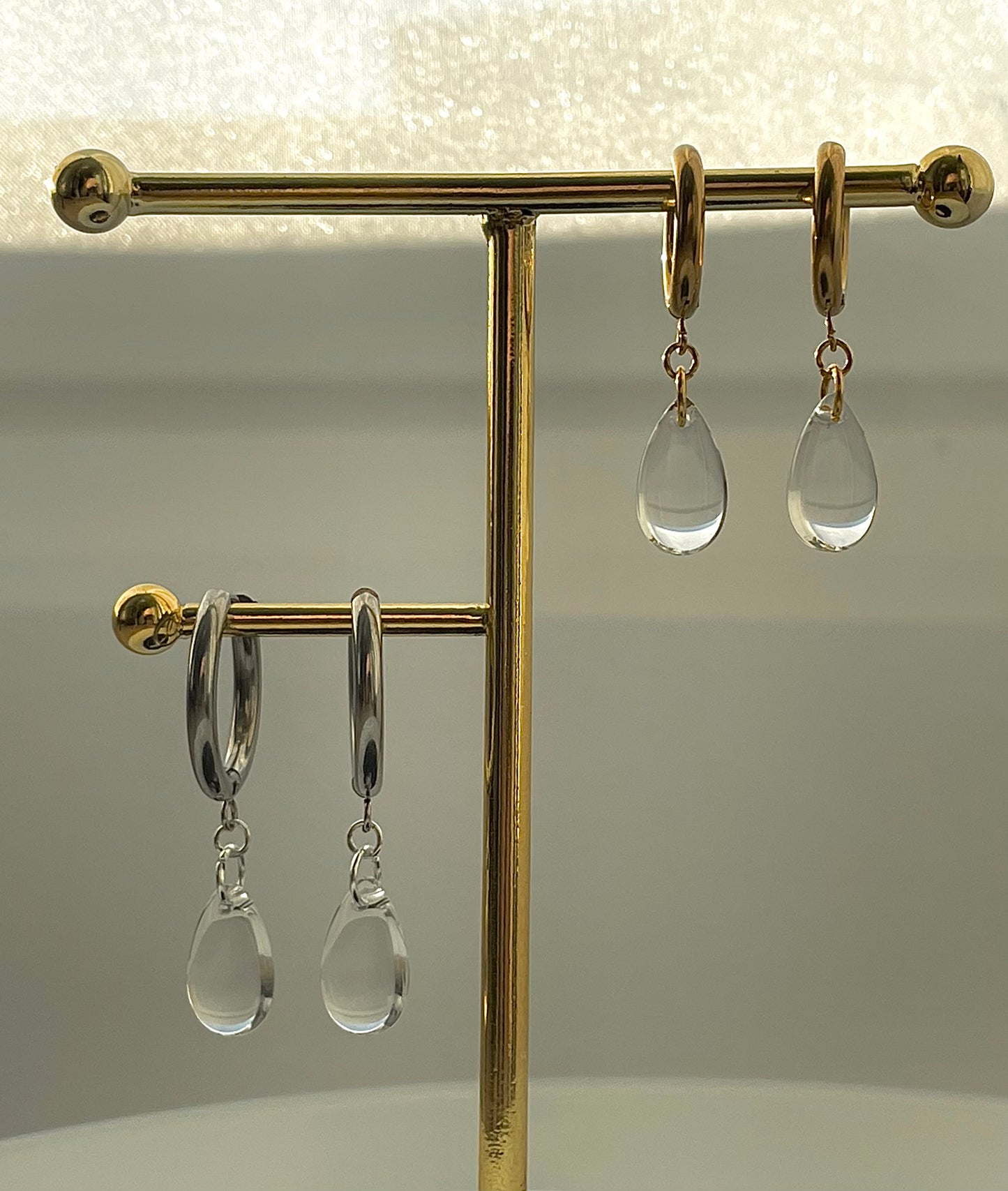 Glass Teardrop Hoops, Stainless Steel