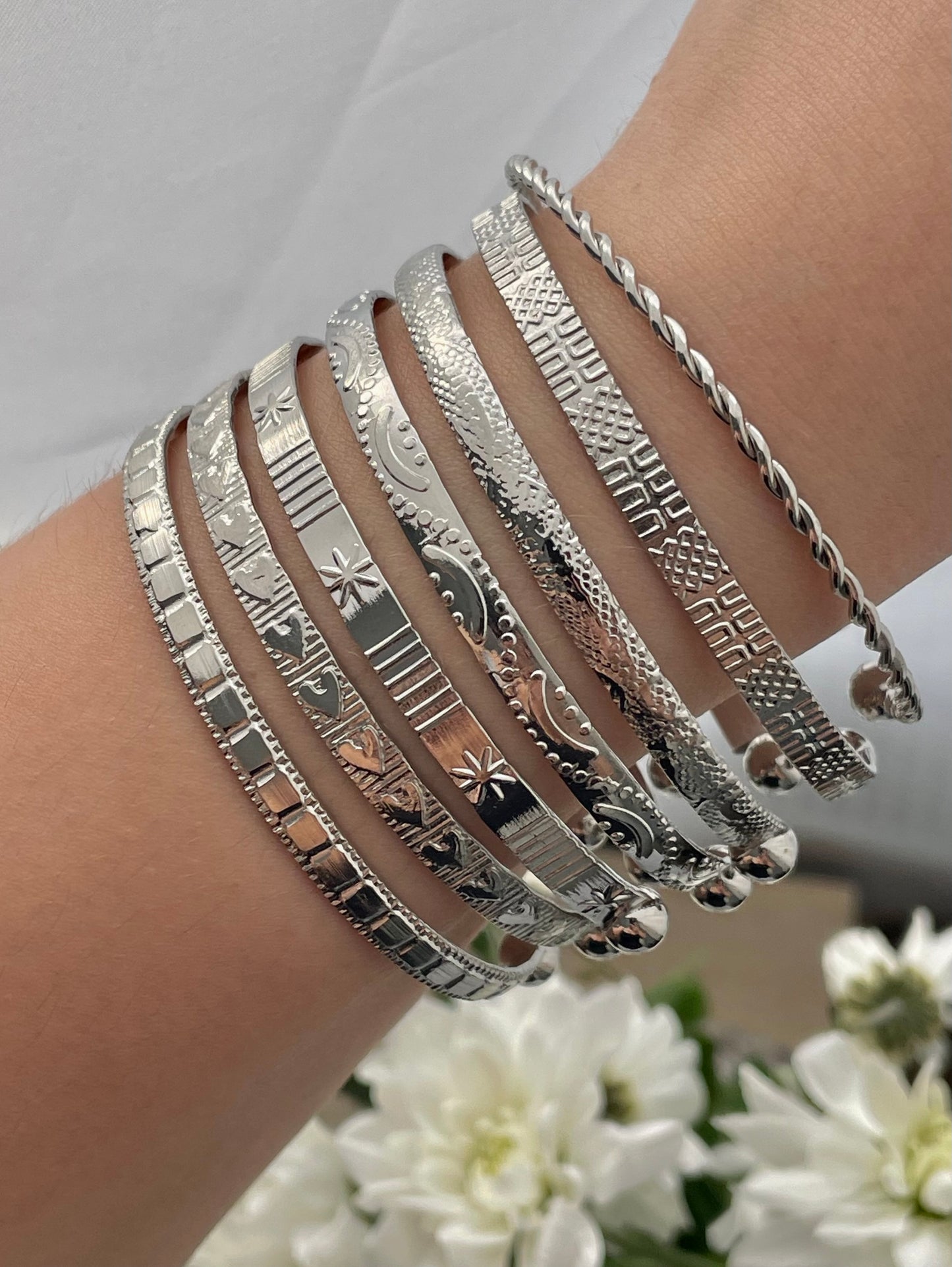 7 pcs Silver Bangle Set, Stack cuff bracelet, everyday jewelry, layering bracelets, mix and match