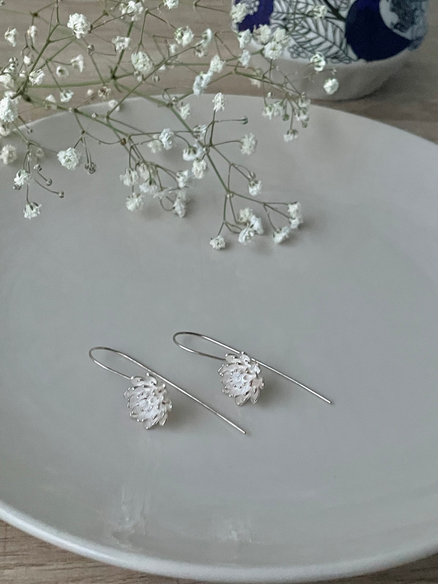 Delicate Flower earhook earrings, 925 Sterling Silver