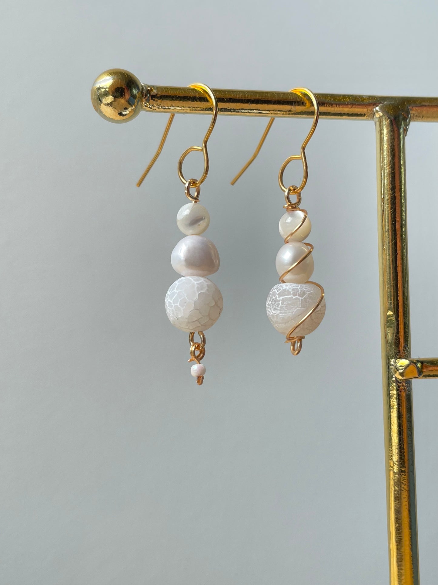 Mismatched Frosted Gemstone Pearl Dangle Drop earrings, crystal stone, wire wrapped jewelry