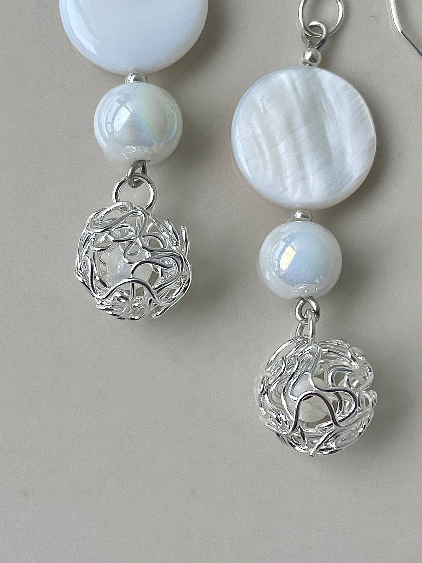 Mother of Pearl earrings with filigree Sphere, Dangle earrings Jewelry, Gift for her, handmade in Finland